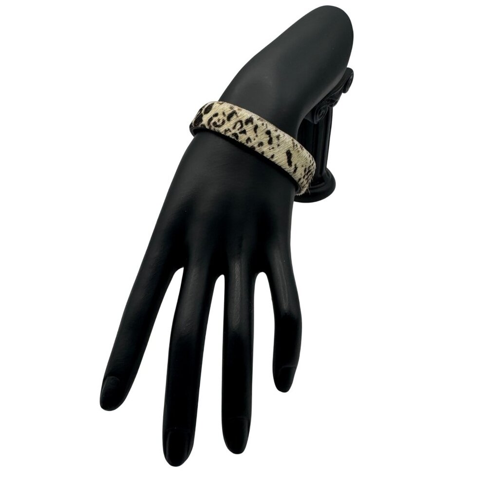Cow Print Cuff Bracelet With Faux Fur Overlay & Black Leather Interior